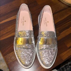 kate spade Silver Glitter Metallic Strap Loafers